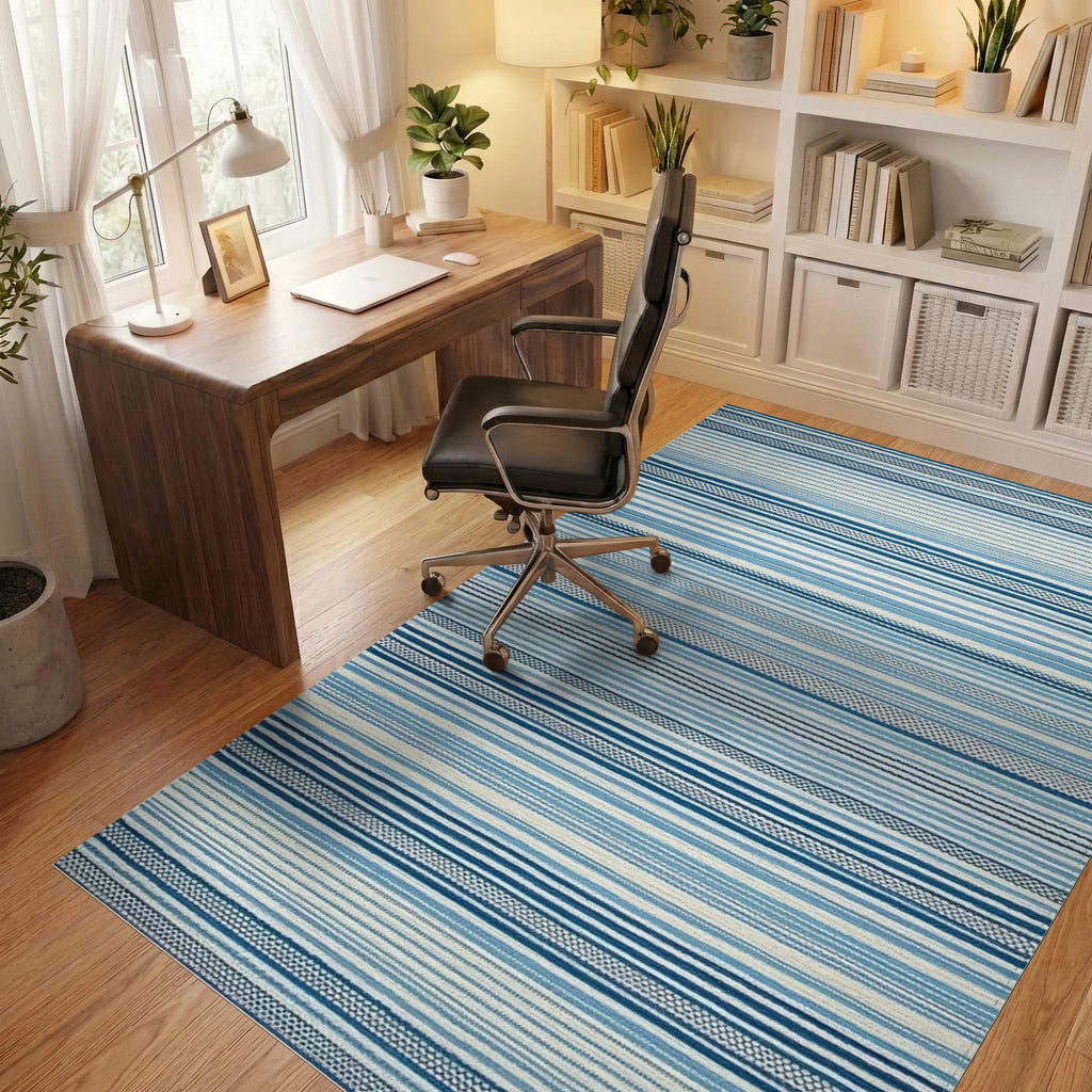Coastal Blue Stripe Textured Rug - Office View