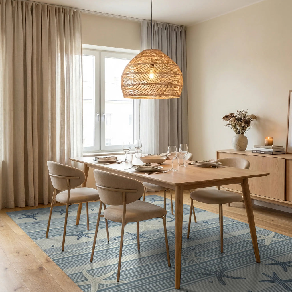 Coastal Blue Striped Starfish Rug - Dining Room View