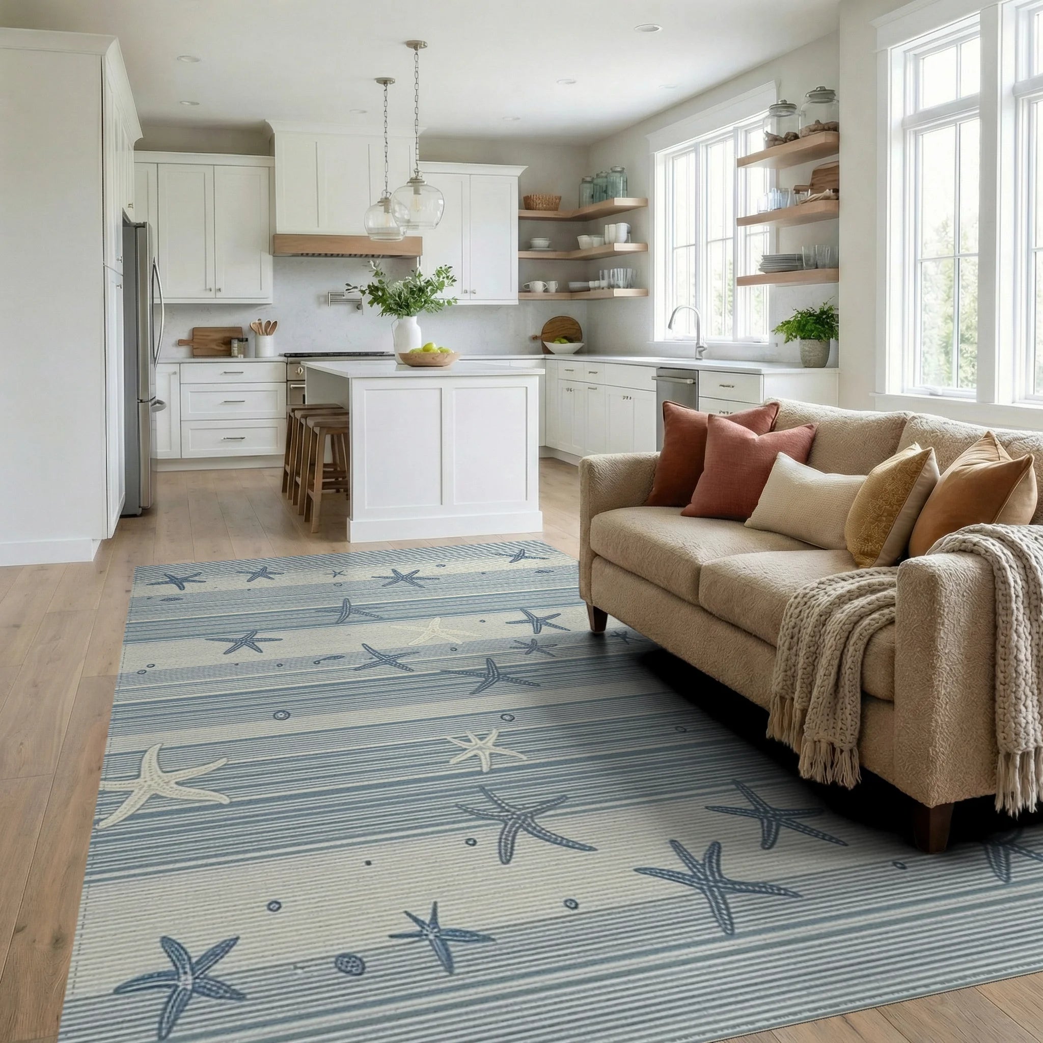 Coastal Blue Striped Starfish Rug - Living Room View