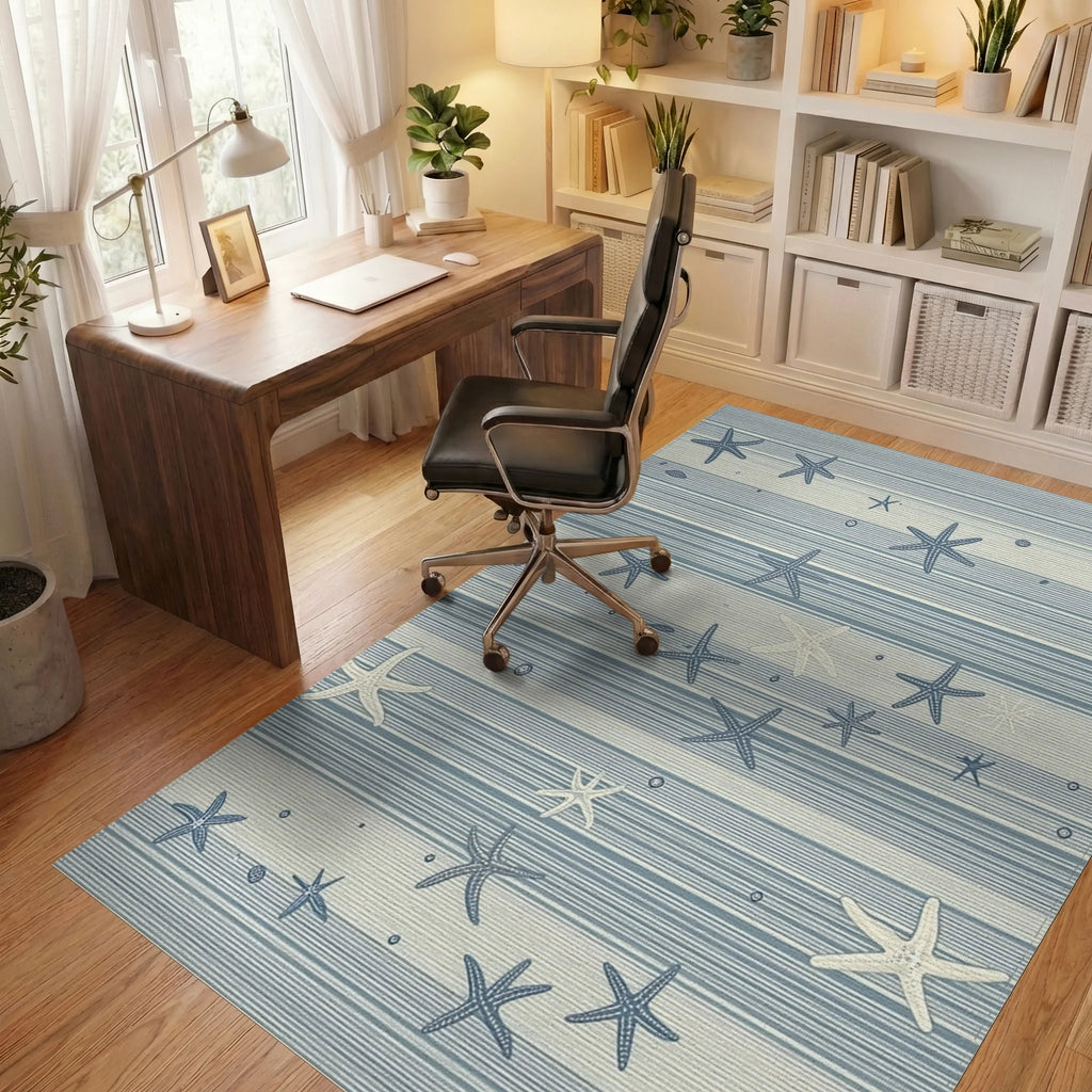 Coastal Blue Striped Starfish Rug - Office View