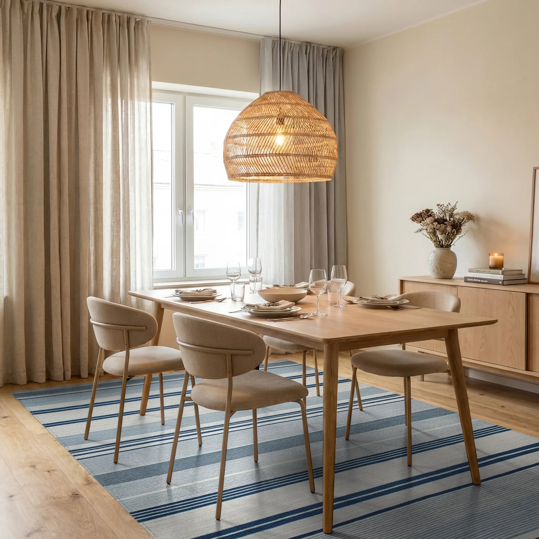 Coastal Blue White Striped Rug - Dining Room View