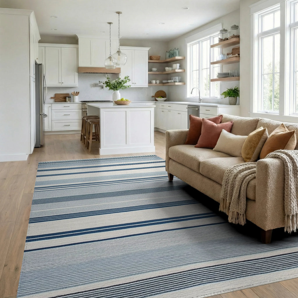 Coastal Blue White Striped Rug - Living Room View