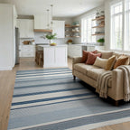Coastal Blue White Striped Rug - Living Room View