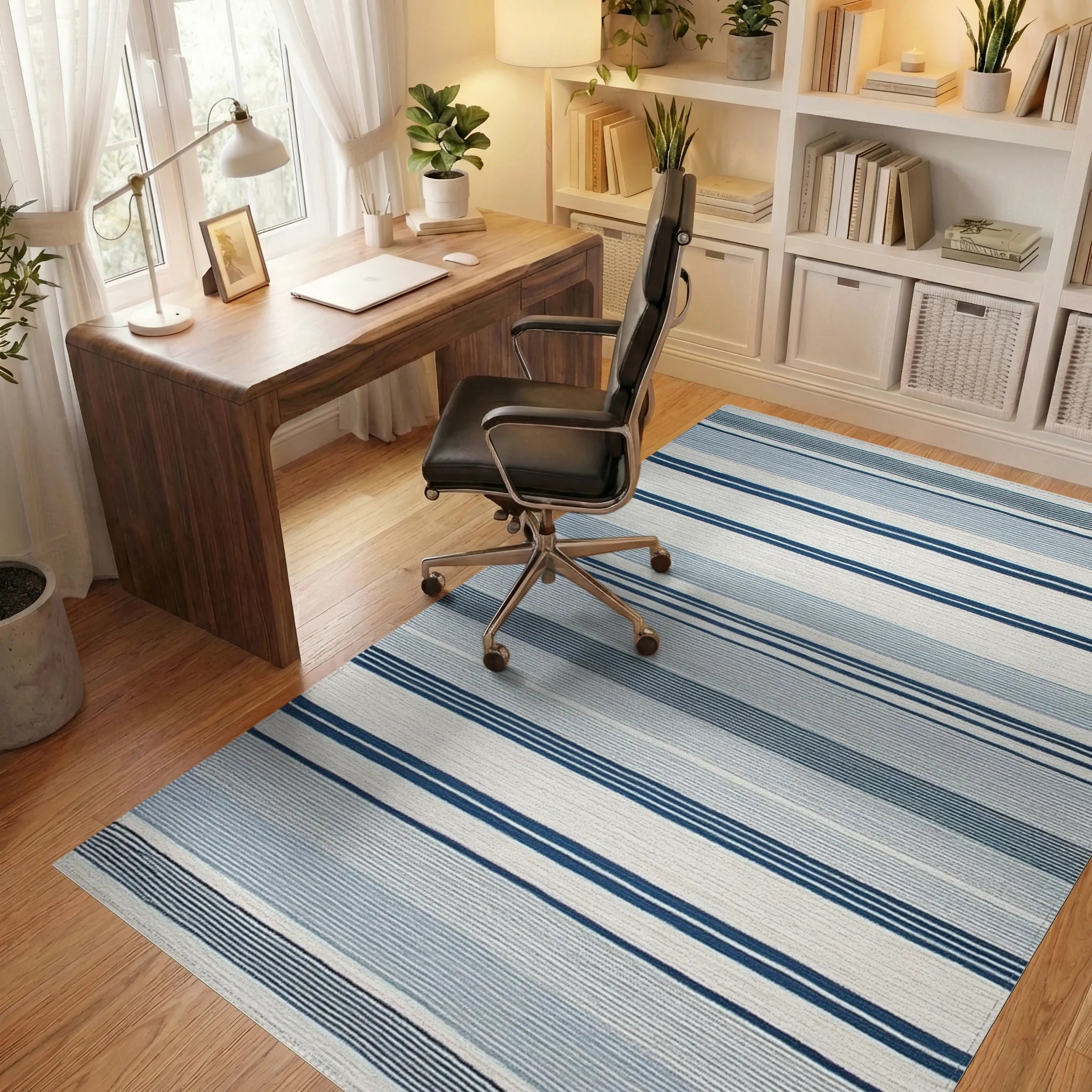 Coastal Blue White Striped Rug - Office View