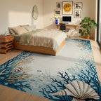 Coastal Coral Starfish Shells Rug - Bedroom View
