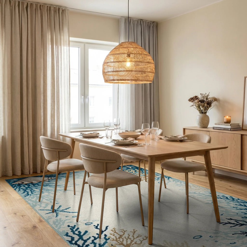 Coastal Coral Starfish Shells Rug - Dining Room View