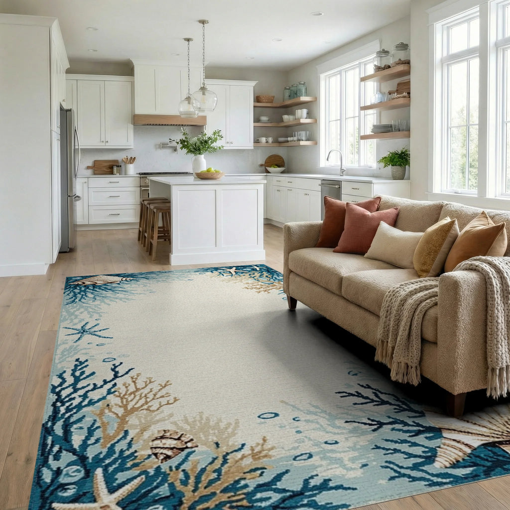 Coastal Coral Starfish Shells Rug - Living Room View