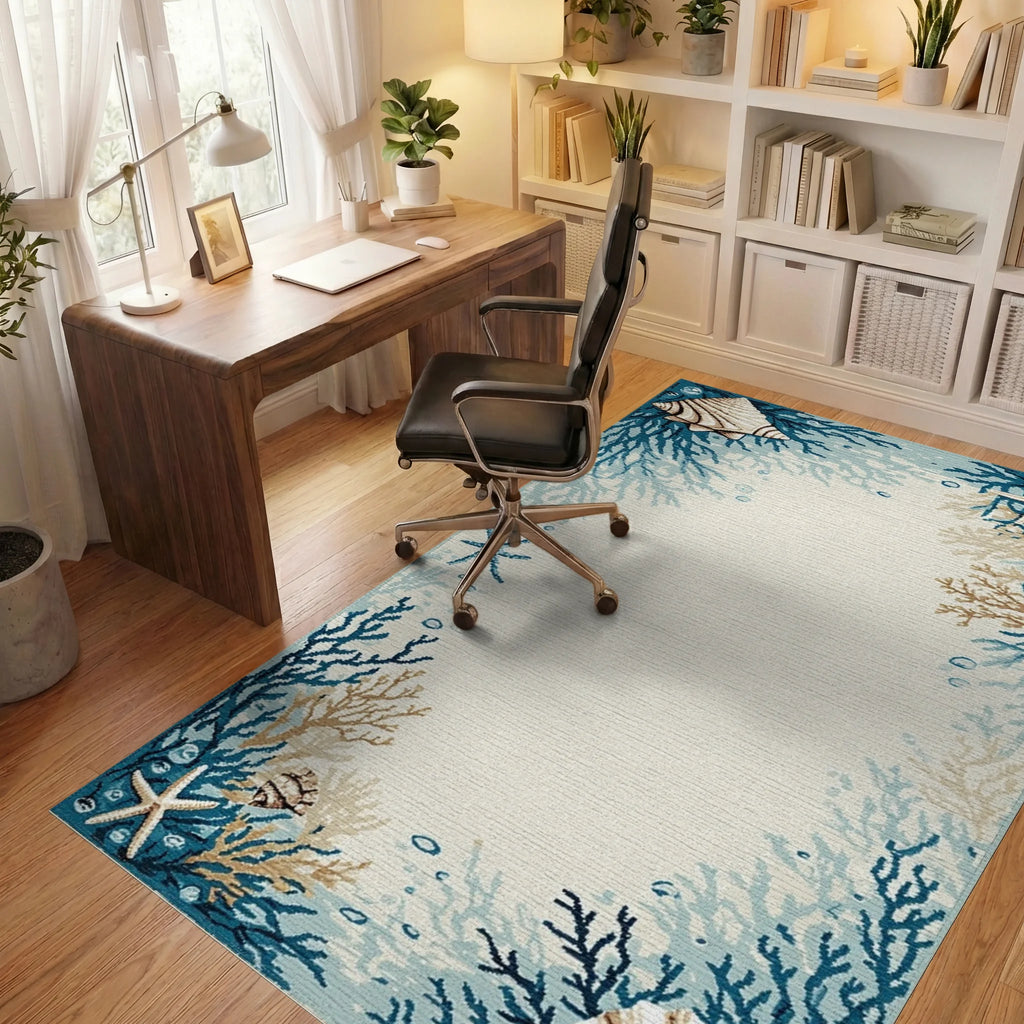 Coastal Coral Starfish Shells Rug - Office View