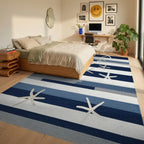 Coastal Navy Blue Starfish Striped Rug - Bedroom View