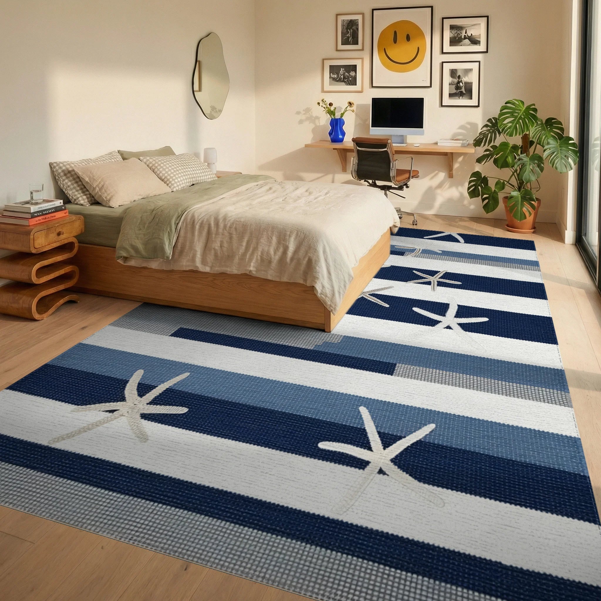 Coastal Navy Blue Starfish Striped Rug - Bedroom View