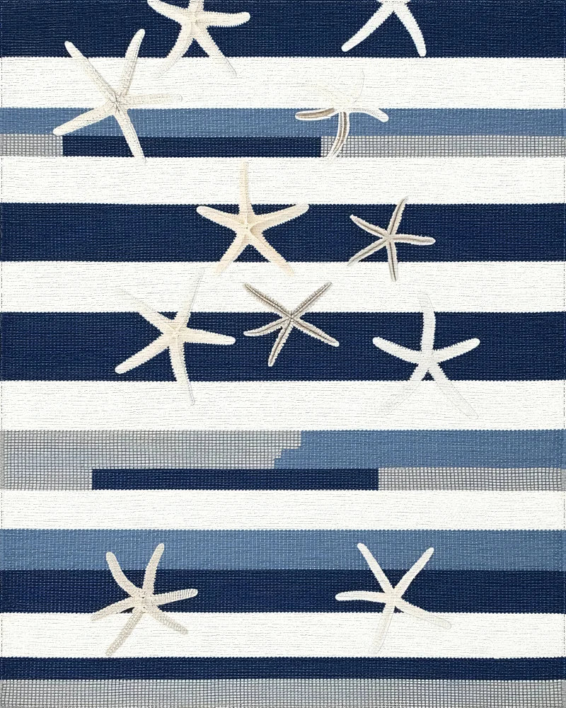 Coastal Navy Blue Starfish Striped Rug - Cutout View