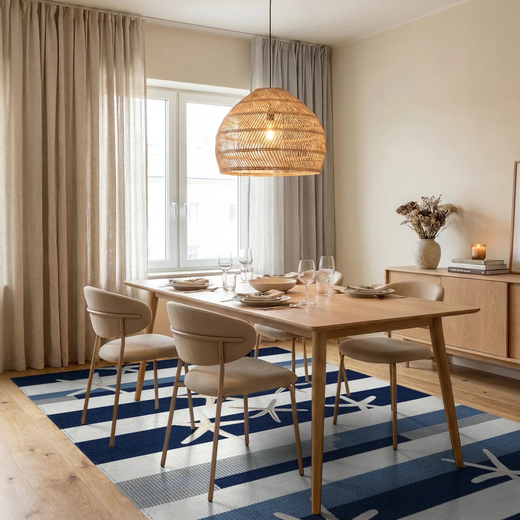 Coastal Navy Blue Starfish Striped Rug - Dining Room View
