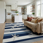 Coastal Navy Blue Starfish Striped Rug - Living Room View