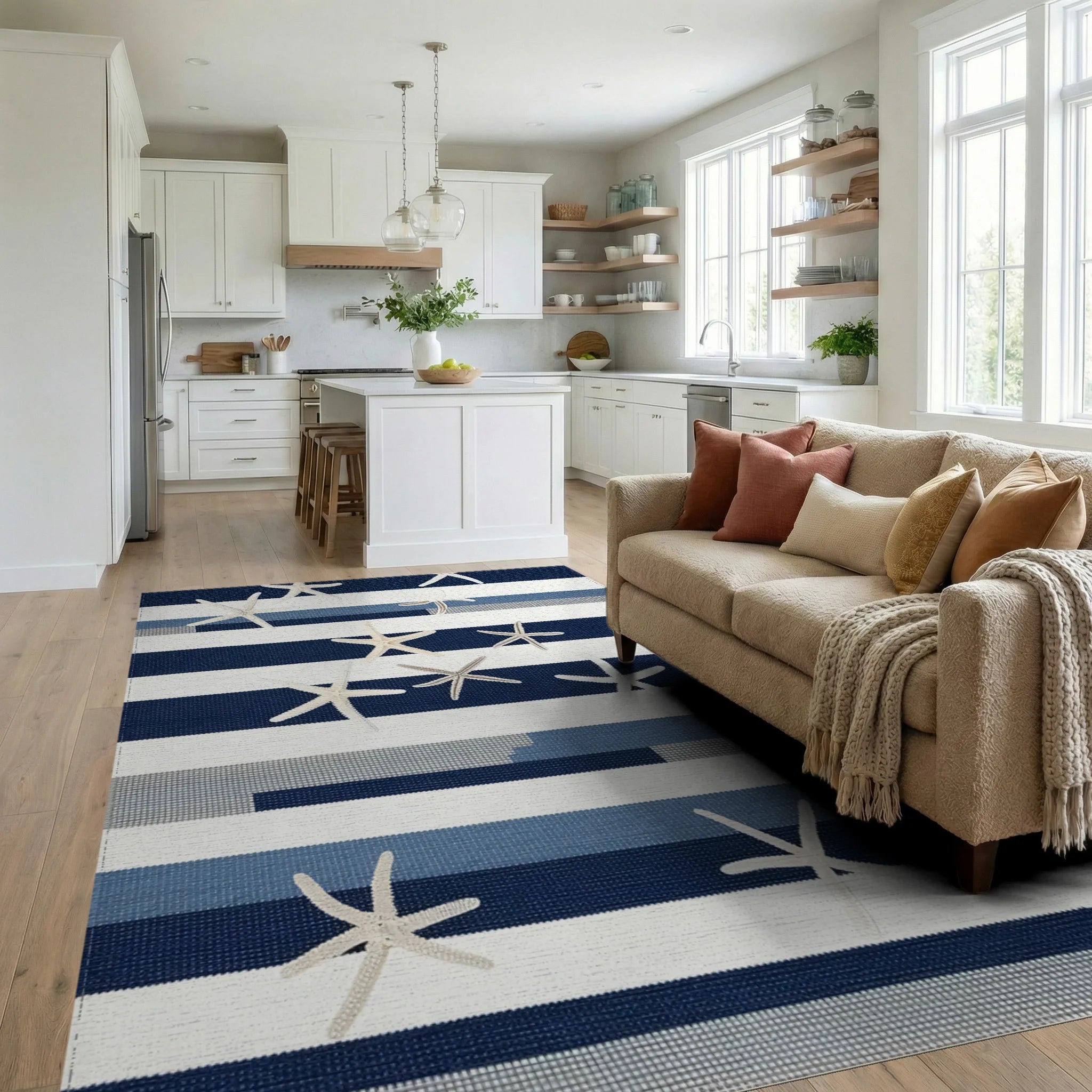Coastal Navy Blue Starfish Striped Rug - Living Room View