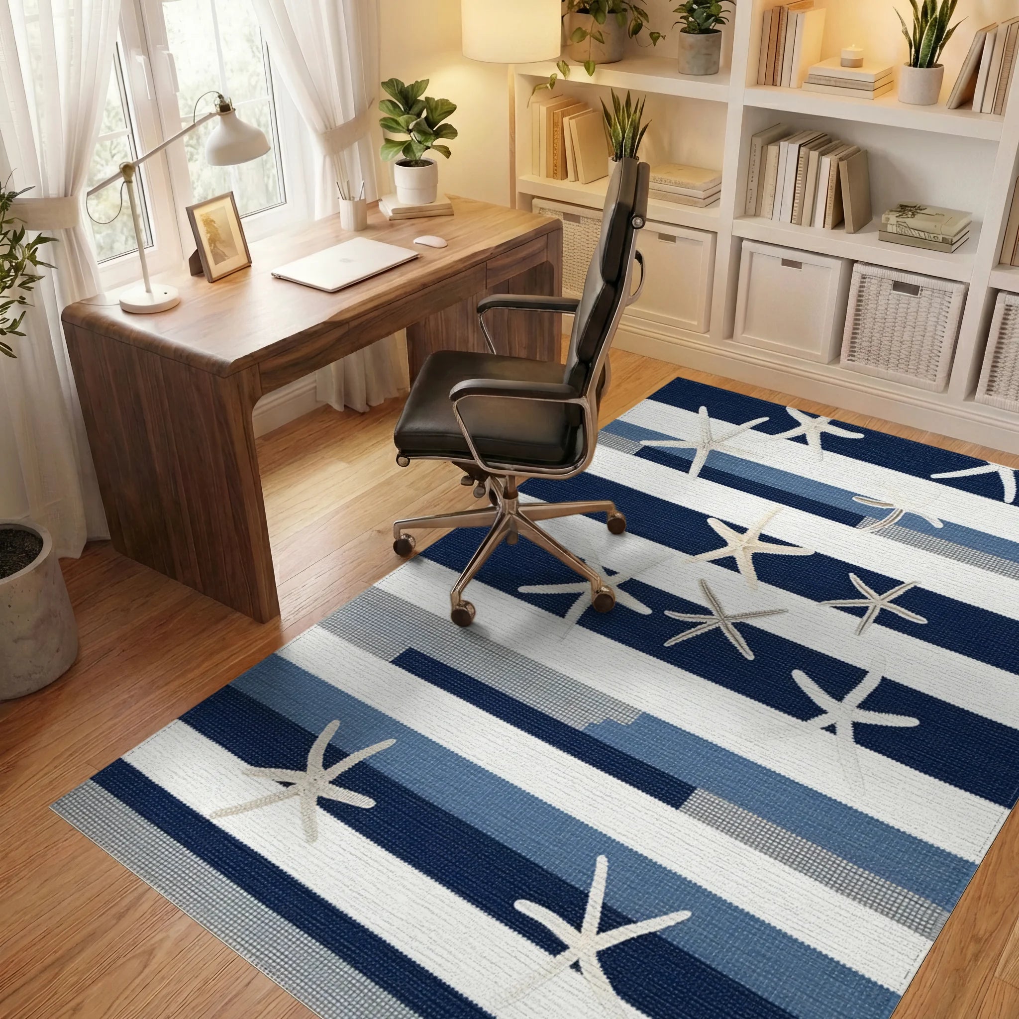 Coastal Navy Blue Starfish Striped Rug - Office View