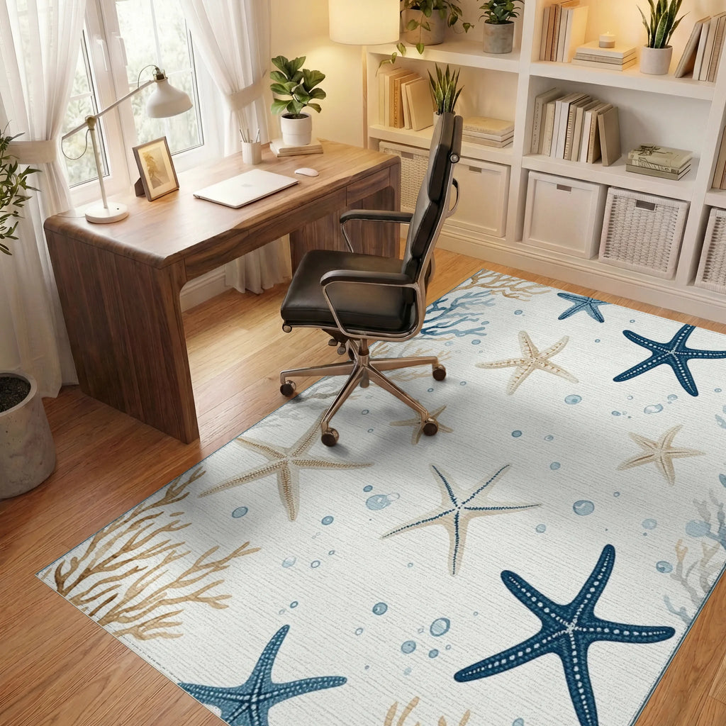 Coastal Starfish Coral Bubbles Rug Office View