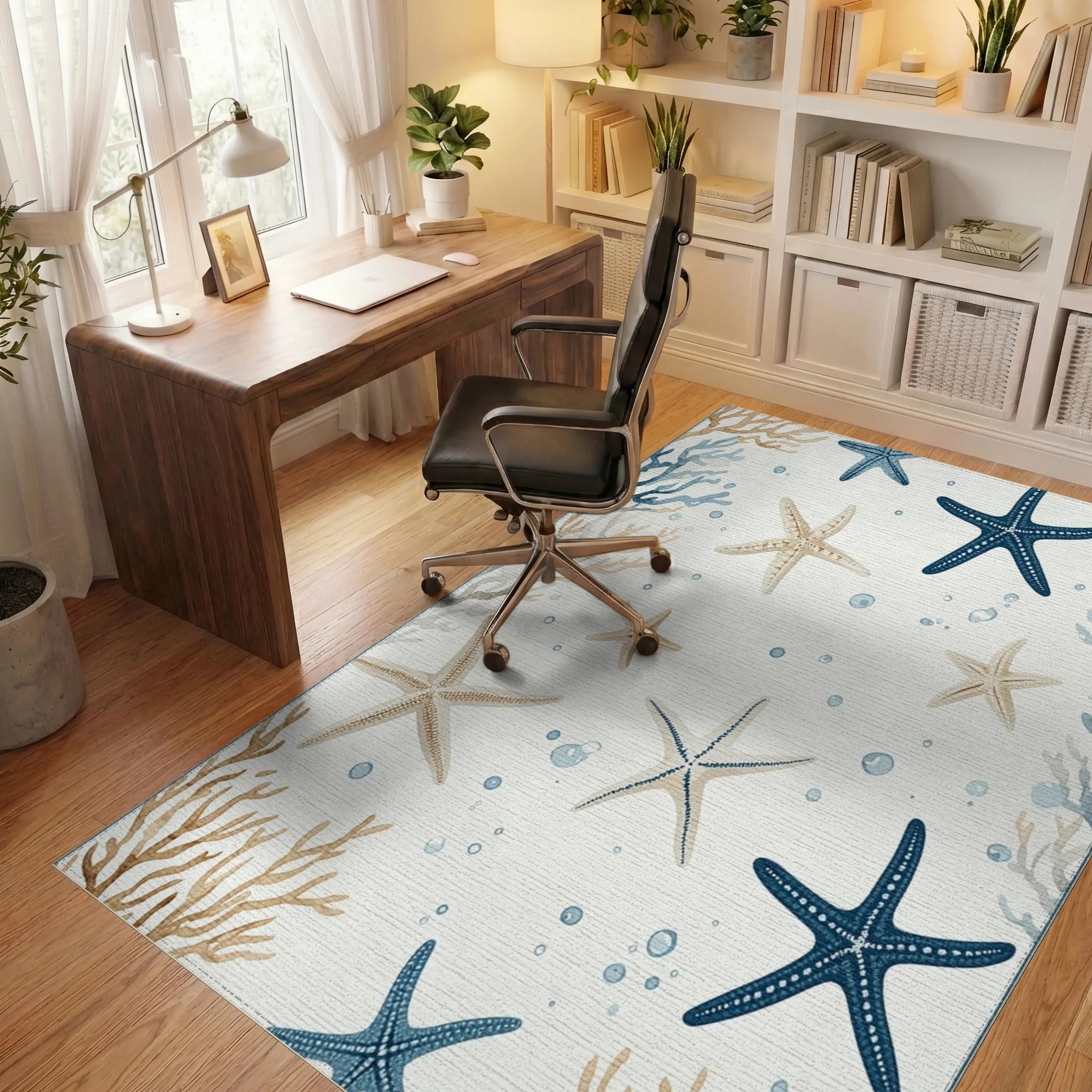 Coastal Starfish Coral Bubbles Rug Office View