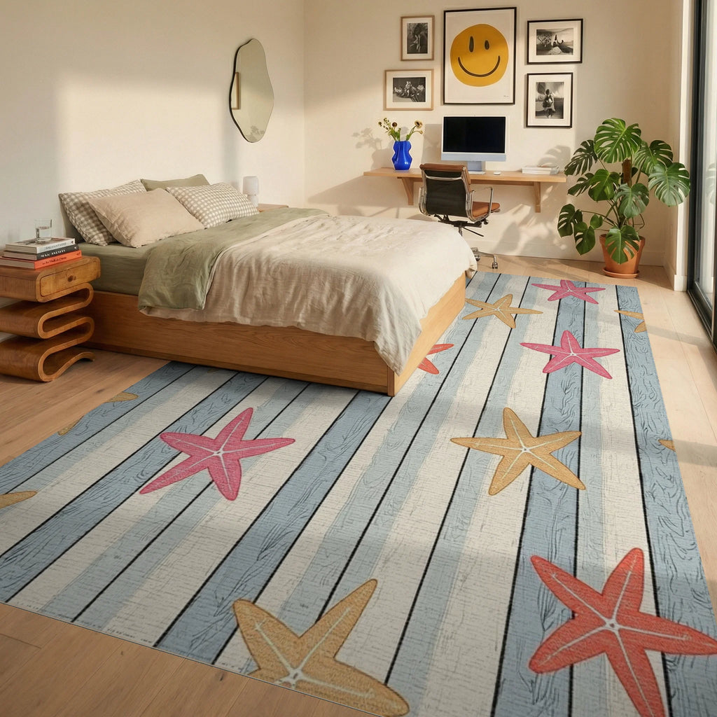 Coastal Starfish Wood Grain Rug - Bedroom View