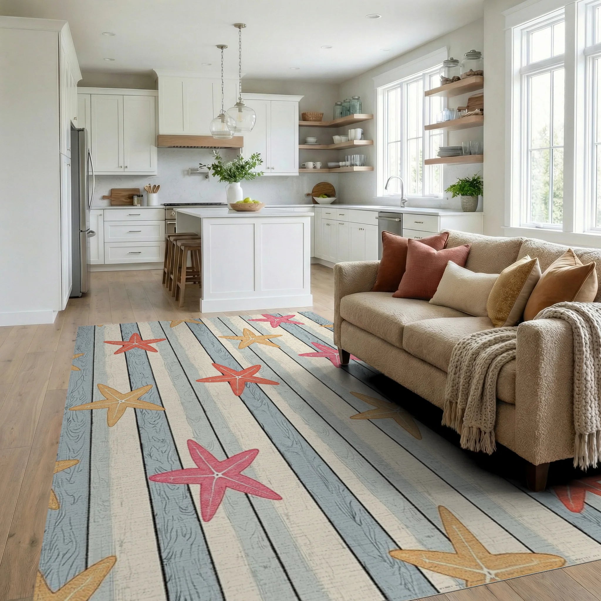 Coastal Starfish Wood Grain Rug - Living Room View