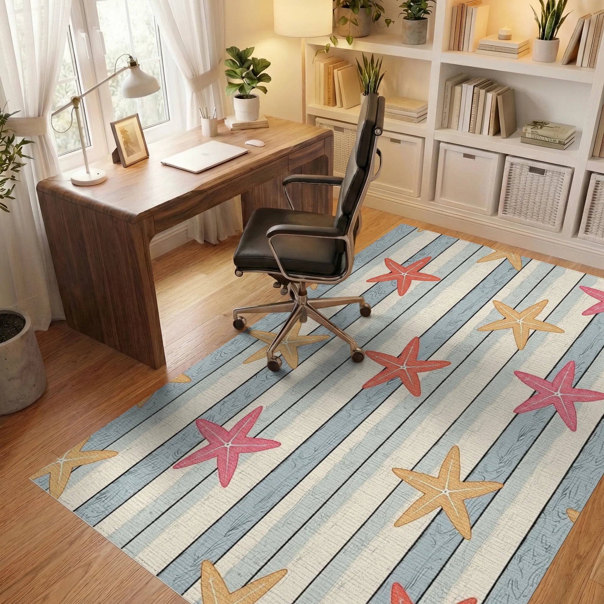 Coastal Starfish Wood Grain Rug - Office View
