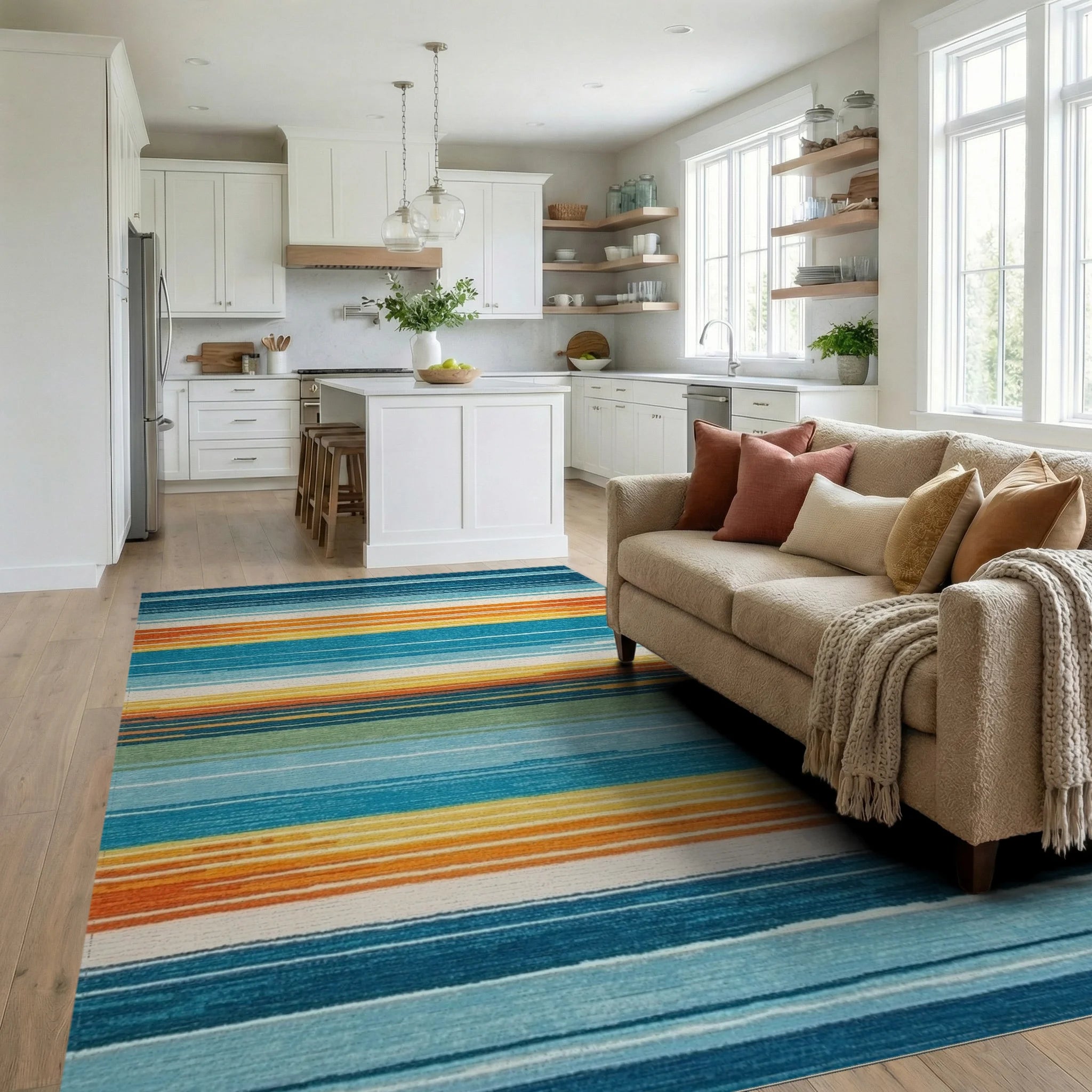 Coastal Stripe Sunset Gradient Rug - Living Room View