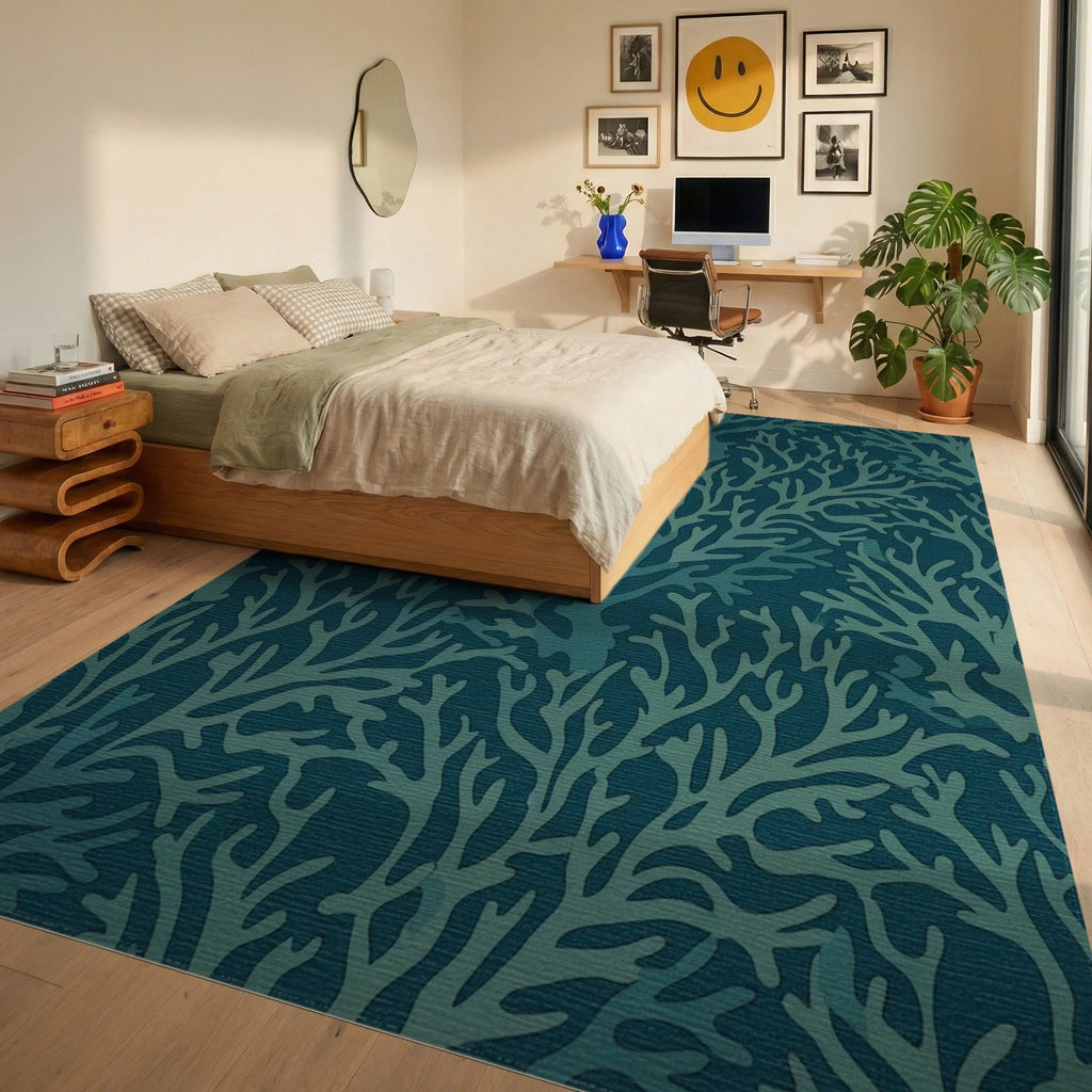Coastal Teal Branch Coral Rug Bedroom View