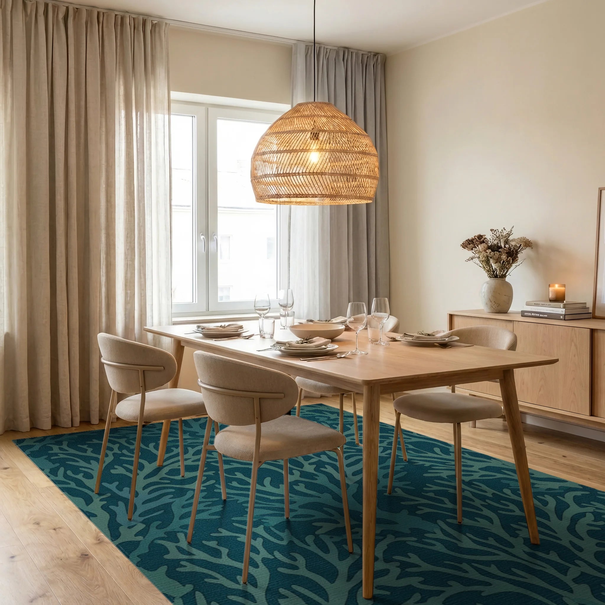 Coastal Teal Branch Coral Rug Dining Room View