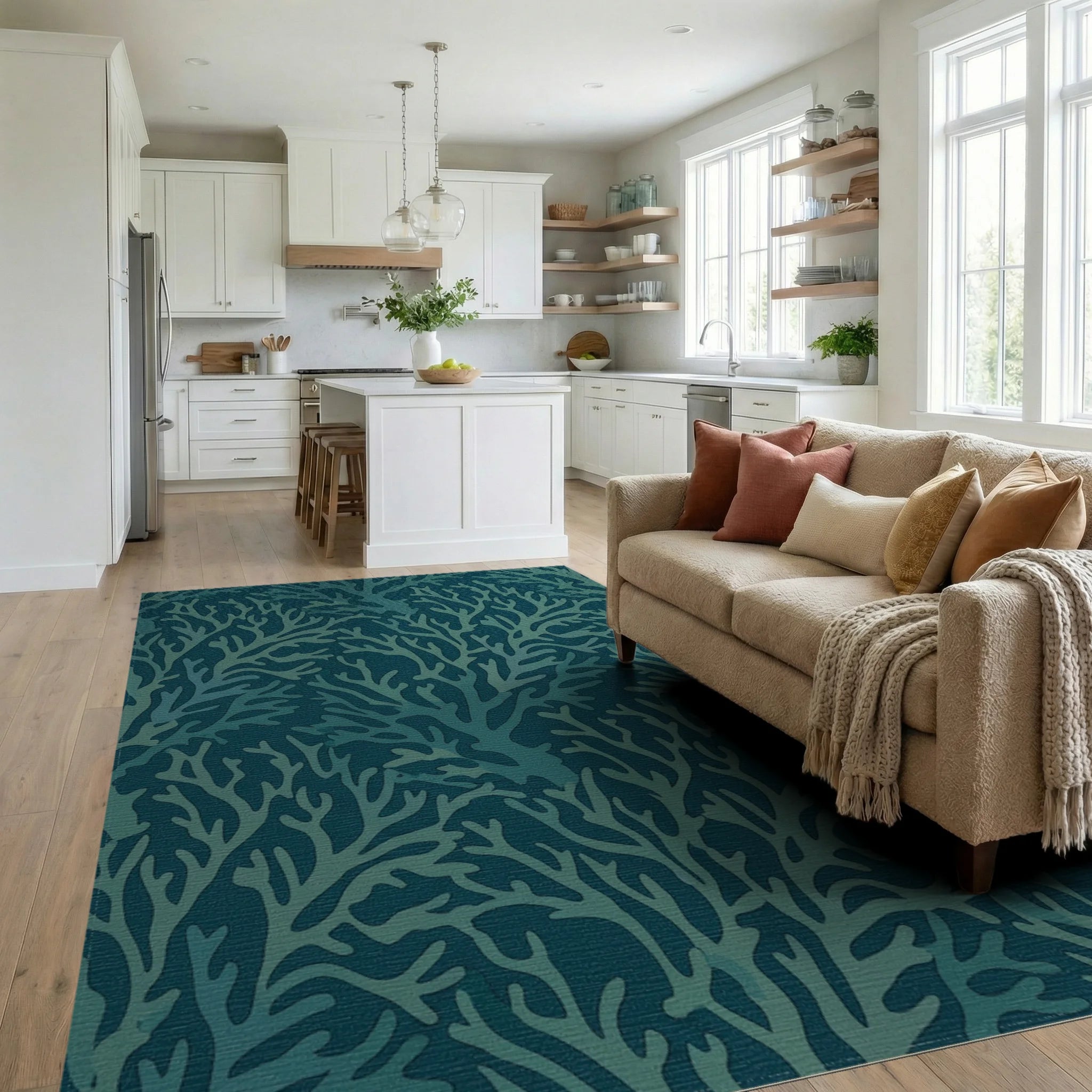 Coastal Teal Branch Coral Rug Living Room View