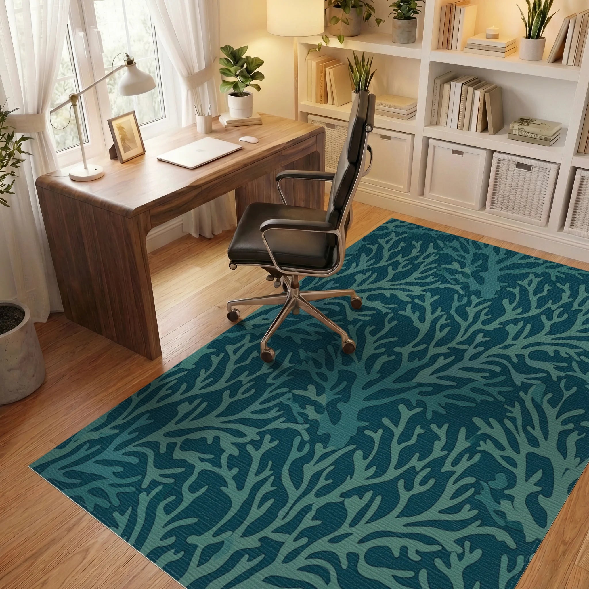 Coastal Teal Branch Coral Rug Office View