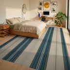 Coastal Teal Stripe Classic Rug Bedroom View