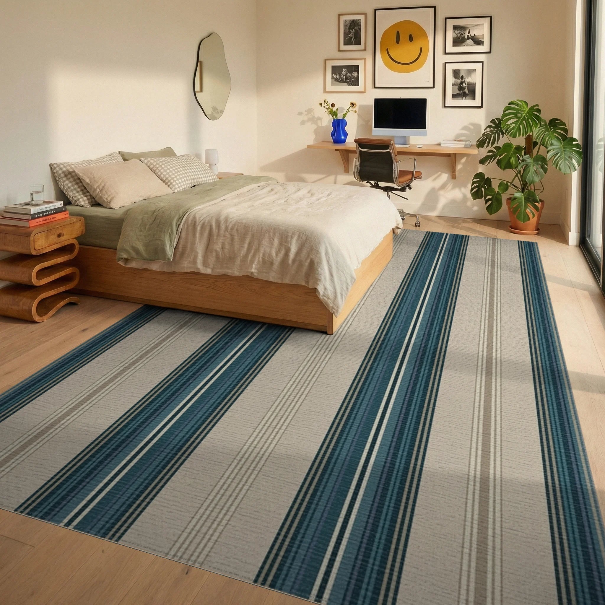 Coastal Teal Stripe Classic Rug Bedroom View
