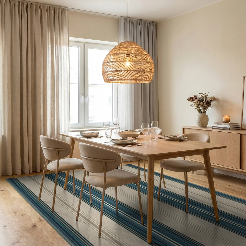 Coastal Teal Stripe Classic Rug Dining Room View