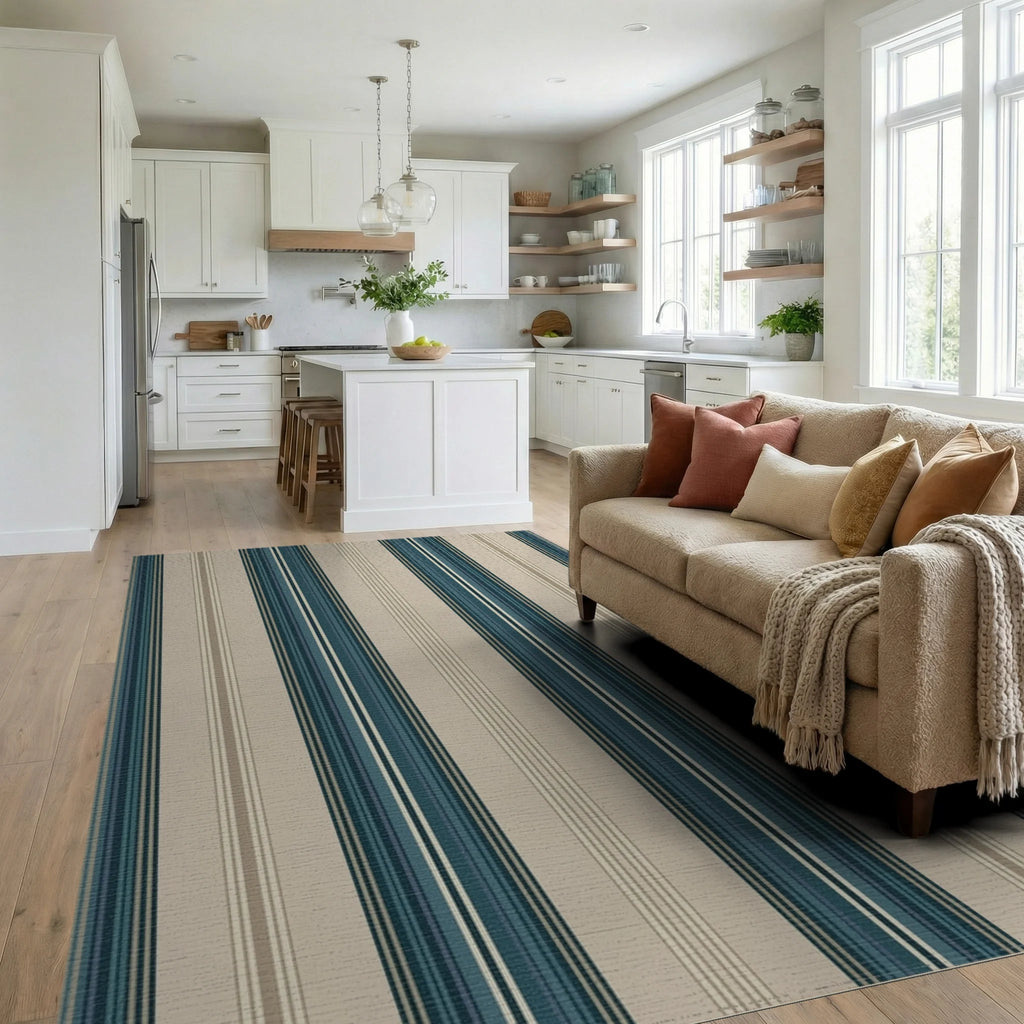 Coastal Teal Stripe Classic Rug Living Room View