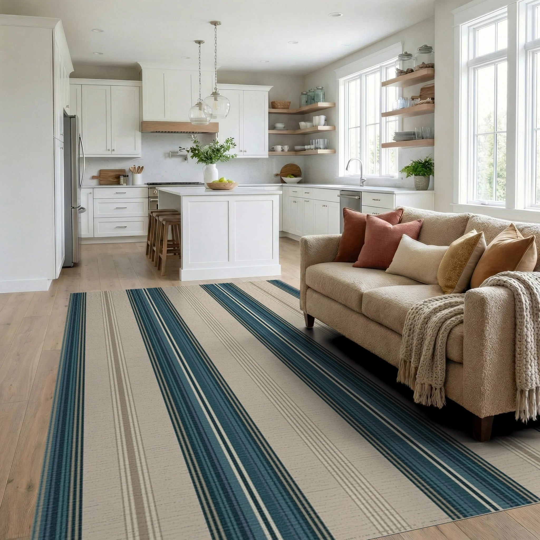 Coastal Teal Stripe Classic Rug Living Room View
