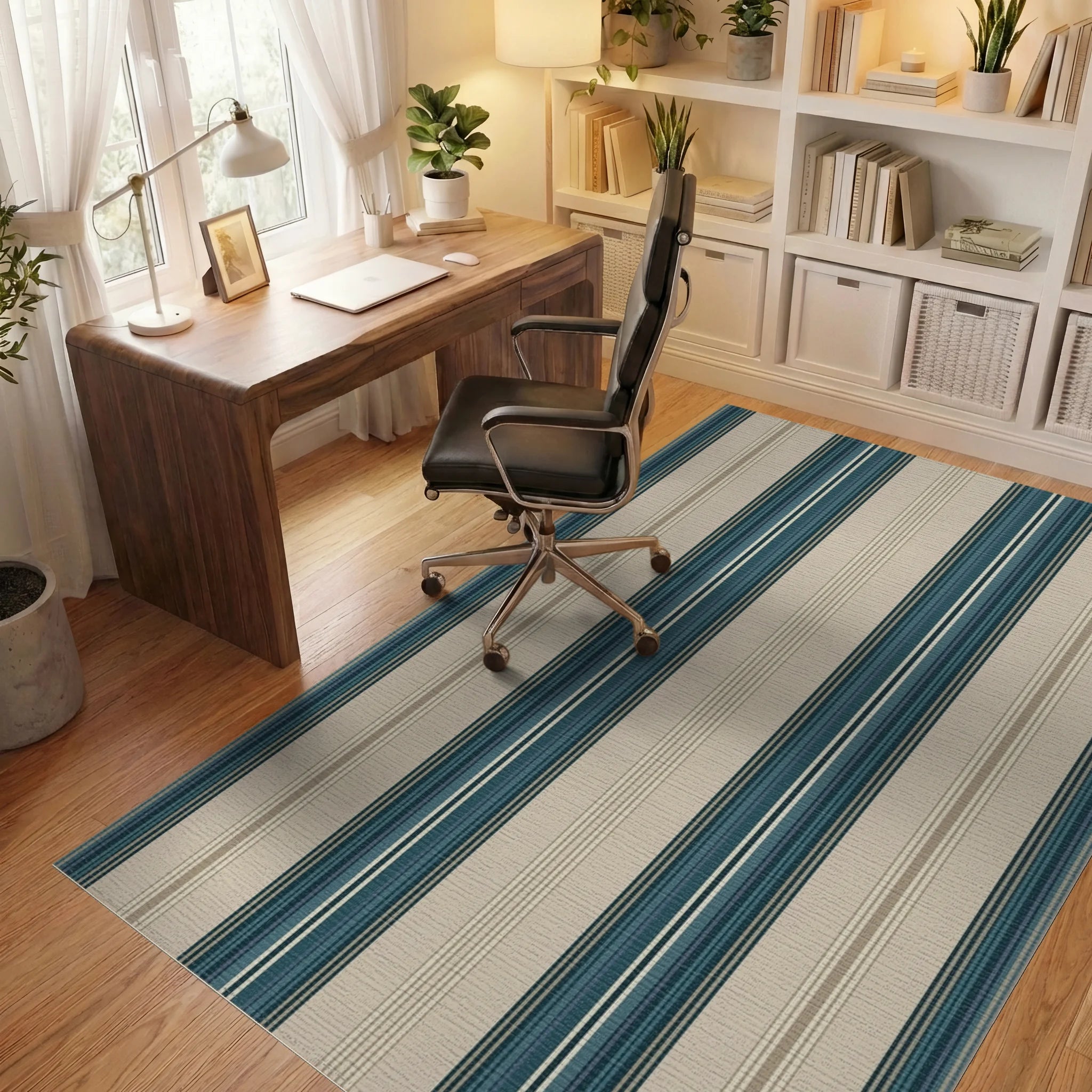 Coastal Teal Stripe Classic Rug Office View