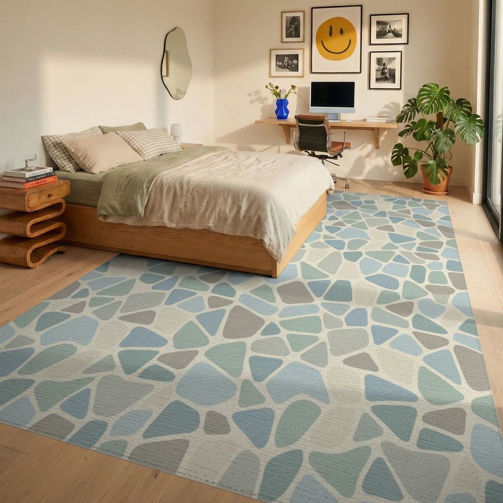 Coastal Terracotta Irregular Stone Collage Rug Bedroom View