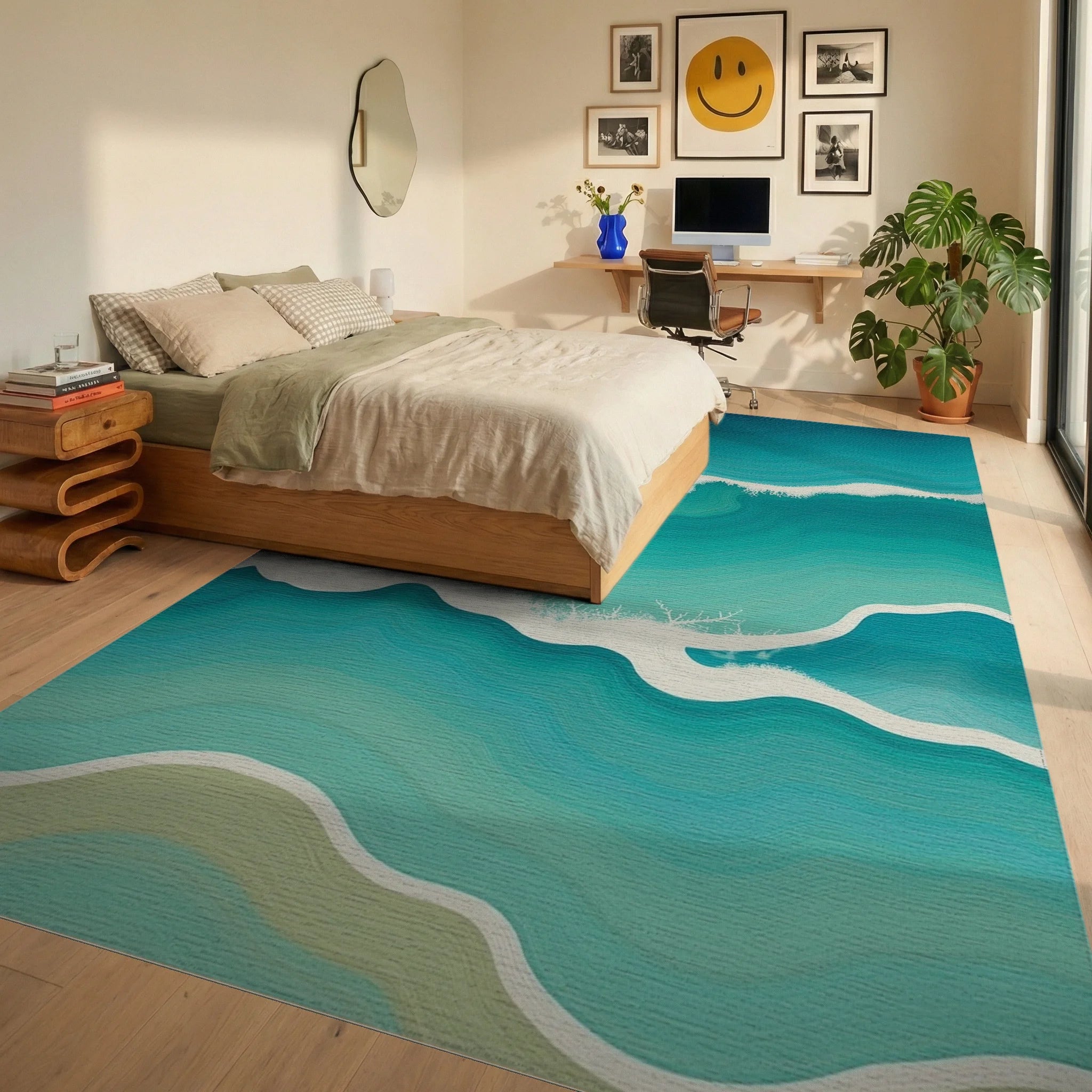 Coastal Wave Abstract Pattern Rug Bedroom View