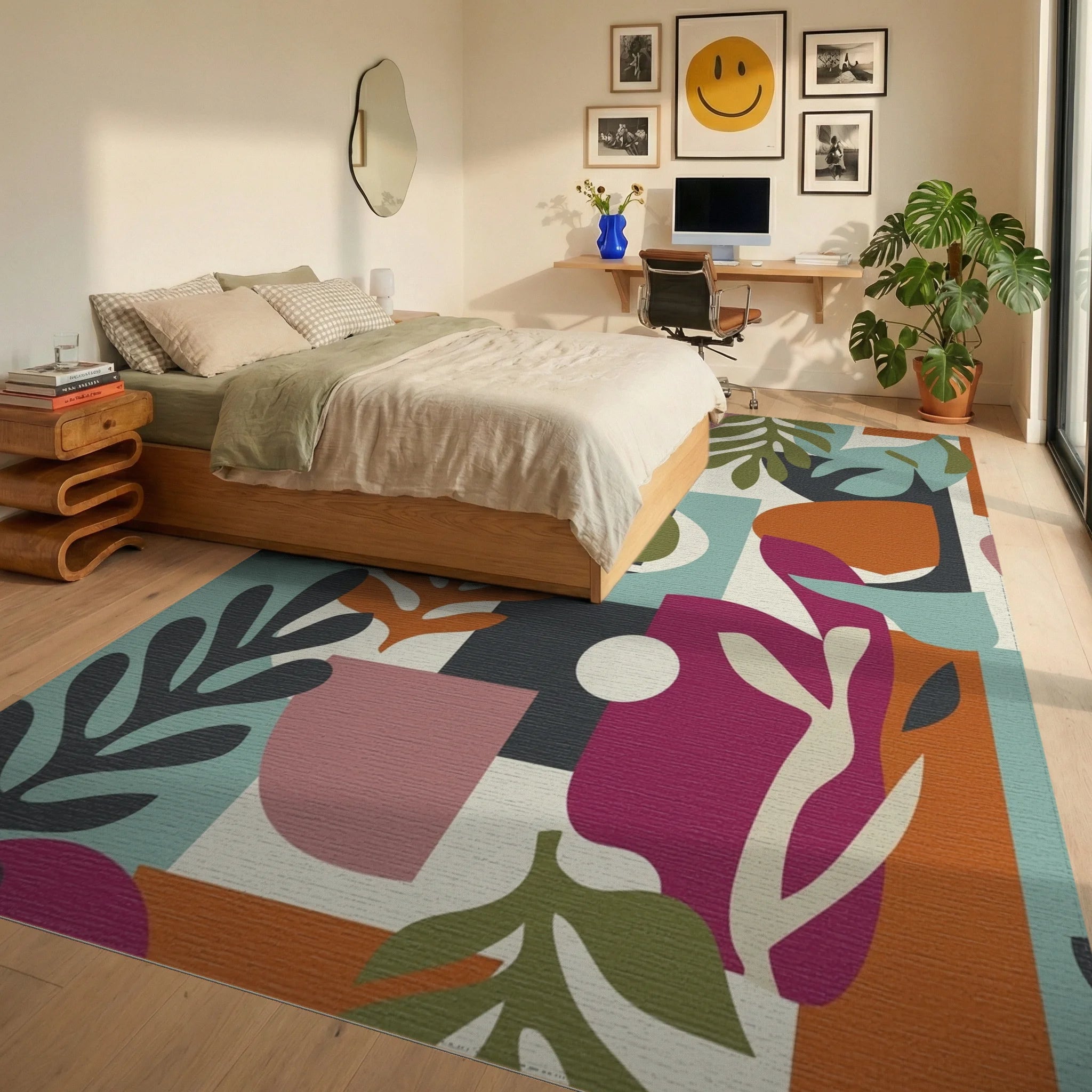 Colorful Abstract Botanical Collage Rug Bedroom View