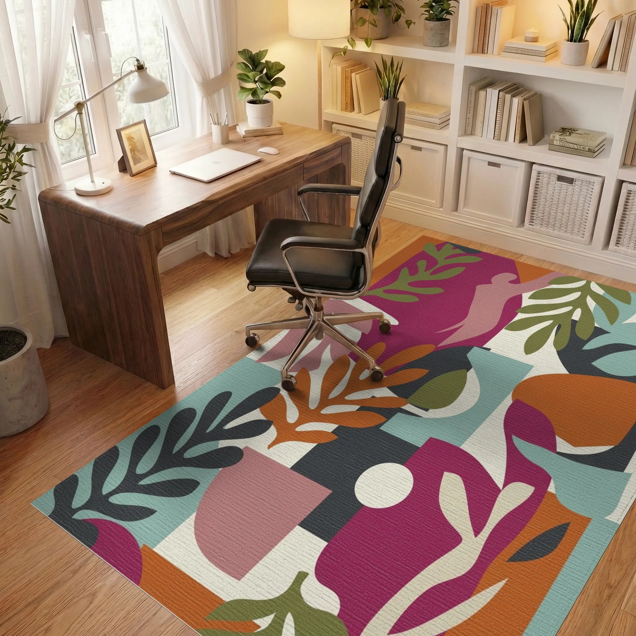 Colorful Abstract Botanical Collage Rug Office View