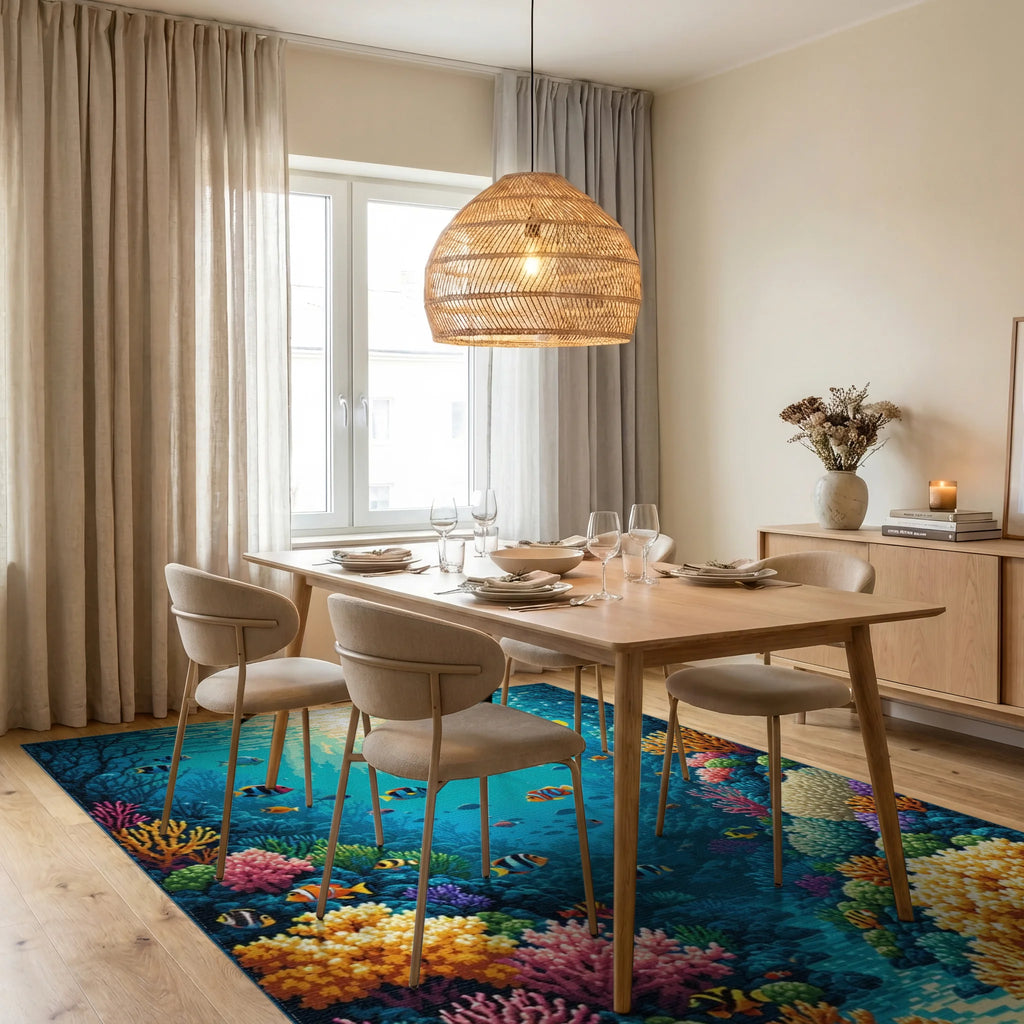 Colorful Coral Reef Fish Pattern Rug - Dining Room View