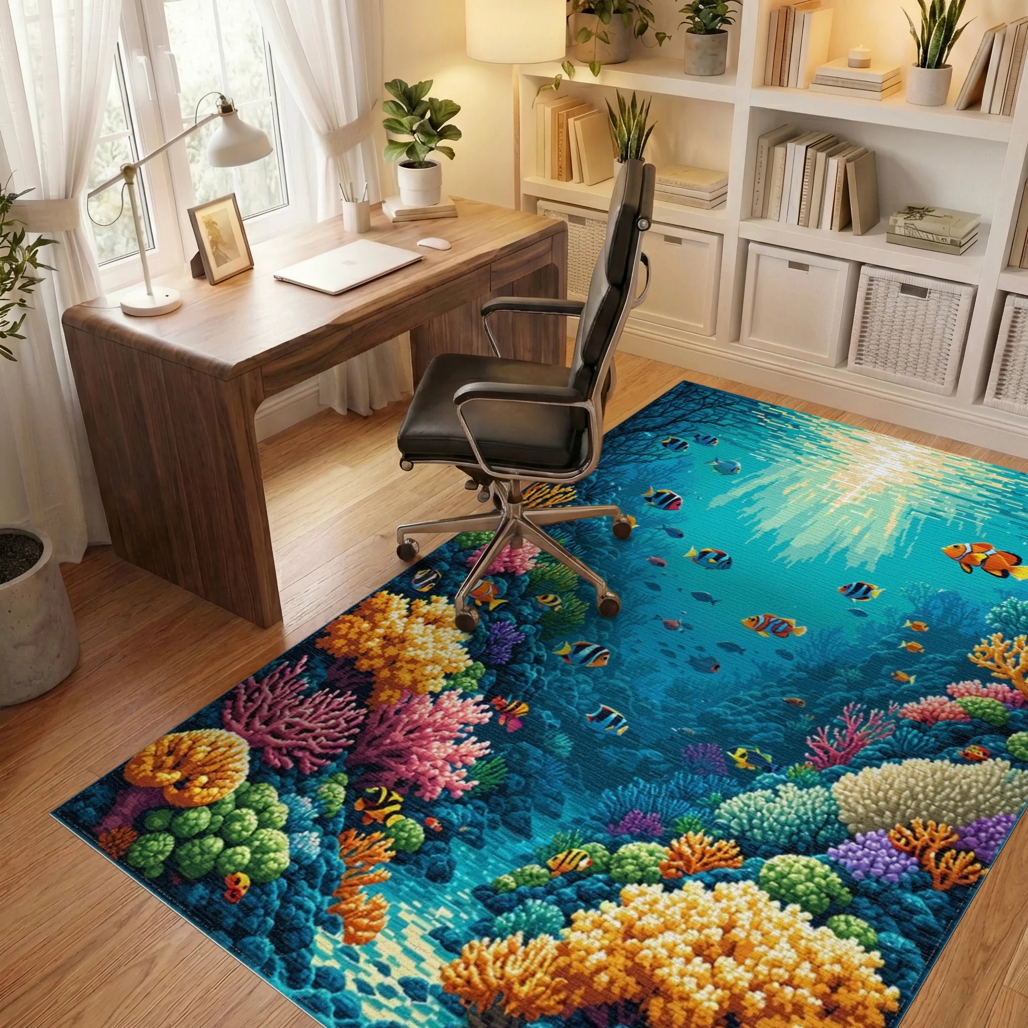 Colorful Coral Reef Fish Pattern Rug - Office View