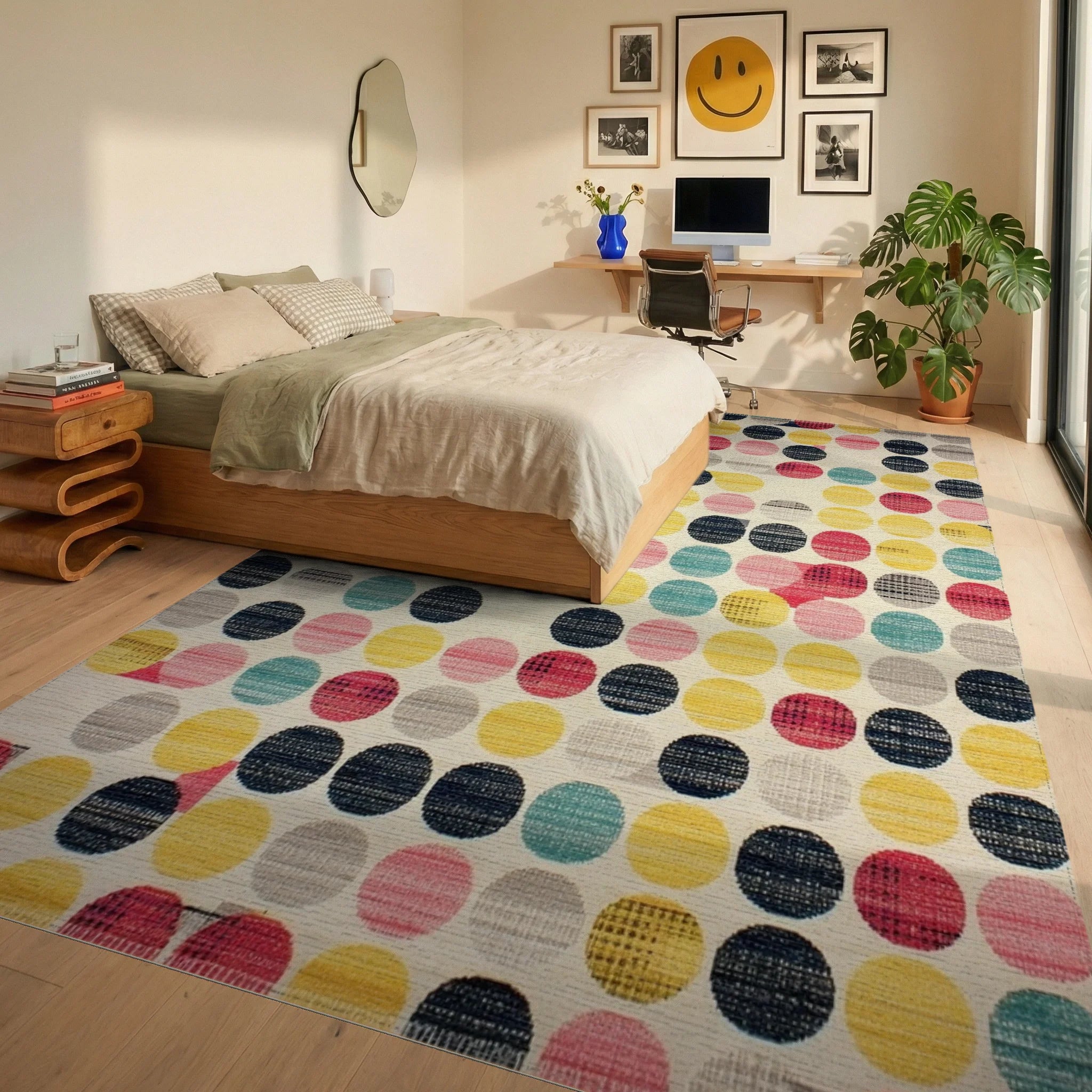 Colorful Dot Collage Abstract Rug - Bedroom View