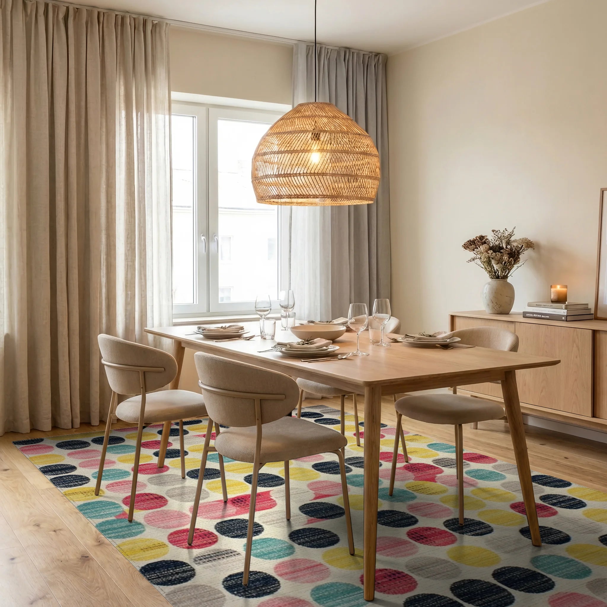 Colorful Dot Collage Abstract Rug - Dining Room View