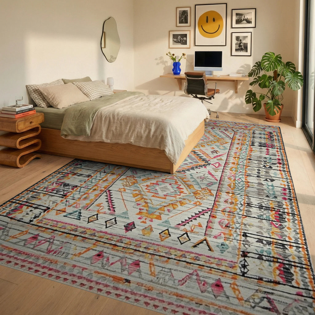 Colorful Geometric Tribal Diamond Medallion Rug - Bedroom View