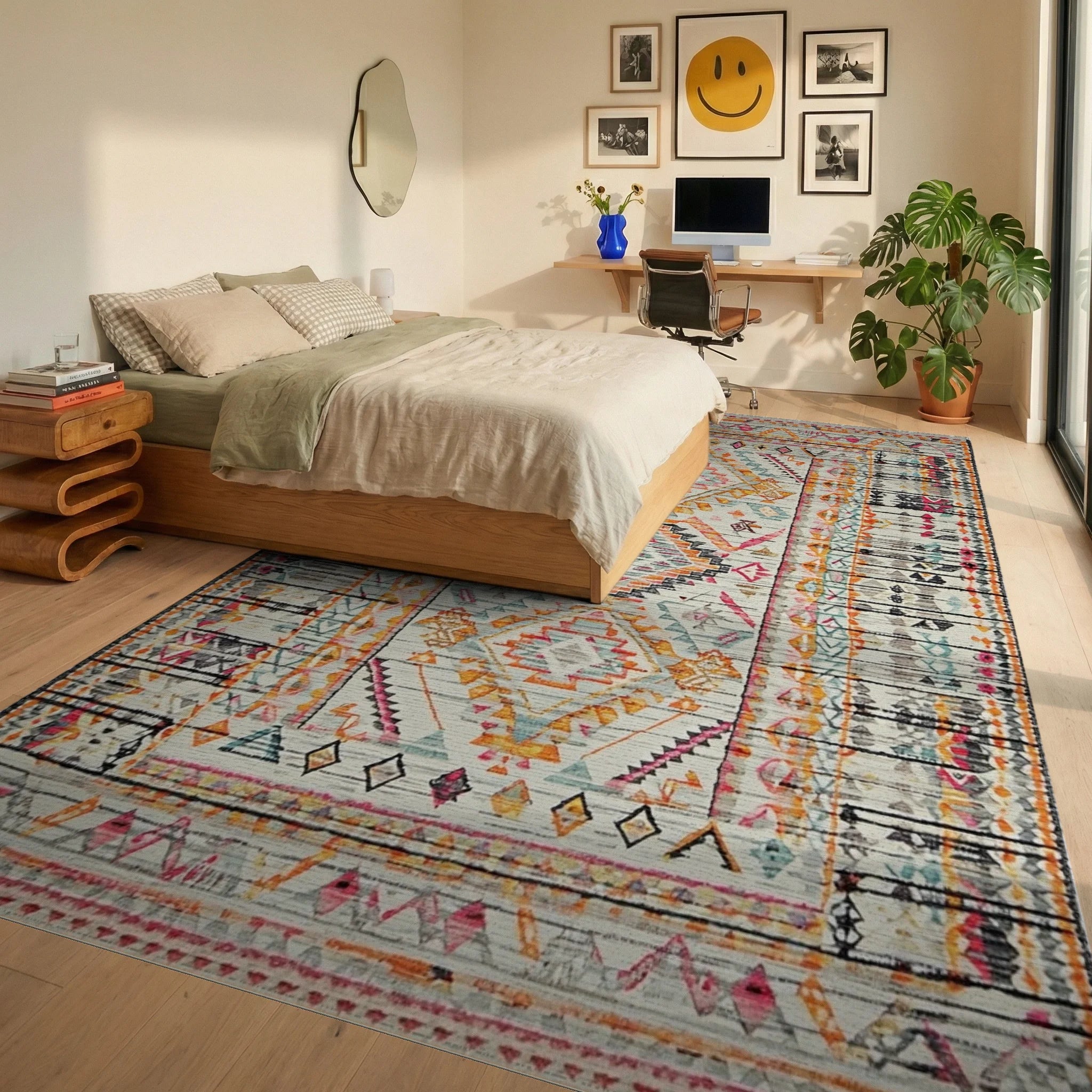 Colorful Geometric Tribal Diamond Medallion Rug - Bedroom View