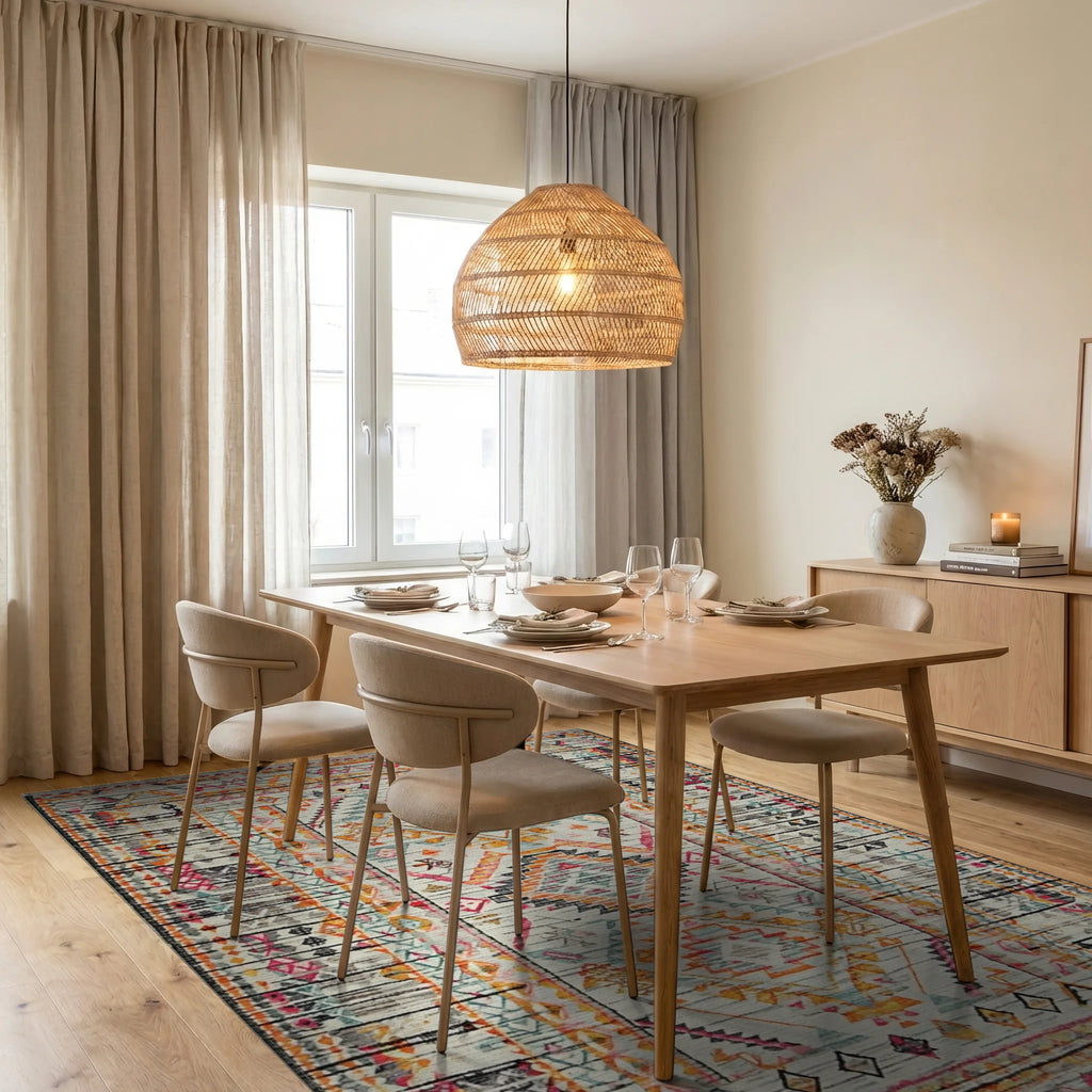 Colorful Geometric Tribal Diamond Medallion Rug - Dining Room View