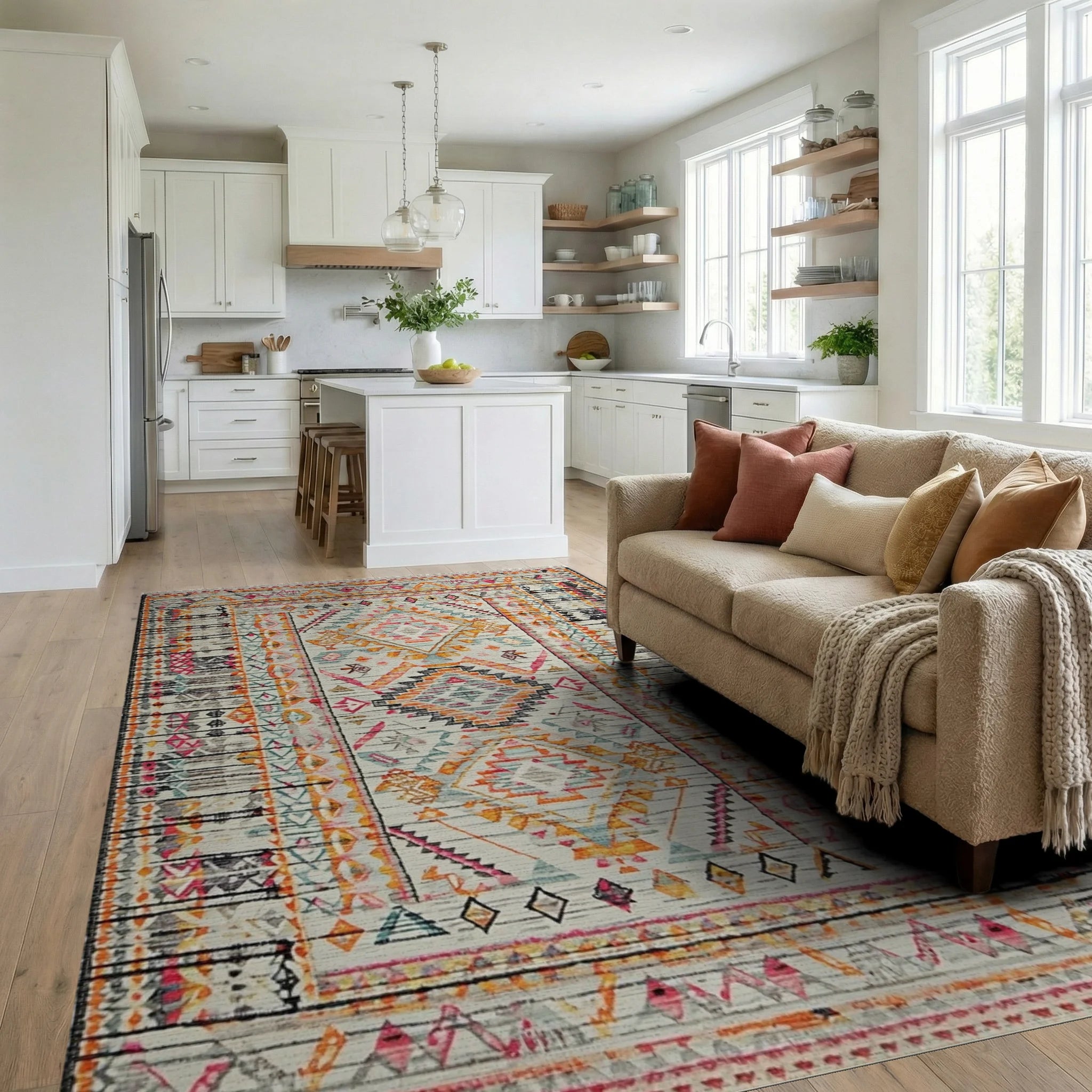 Colorful Geometric Tribal Diamond Medallion Rug - Living Room View