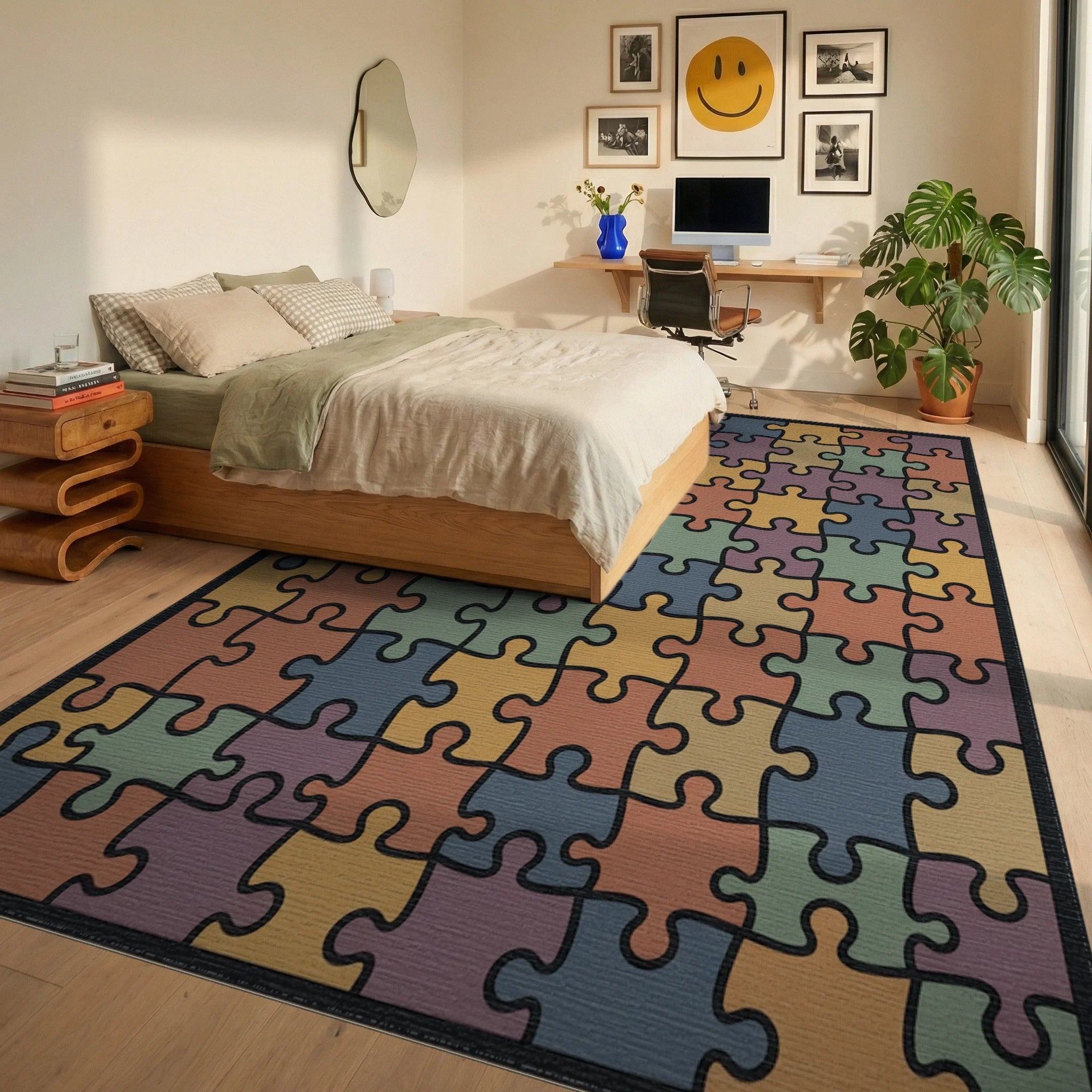 Colorful Puzzle Pieces Square Rug Bedroom View