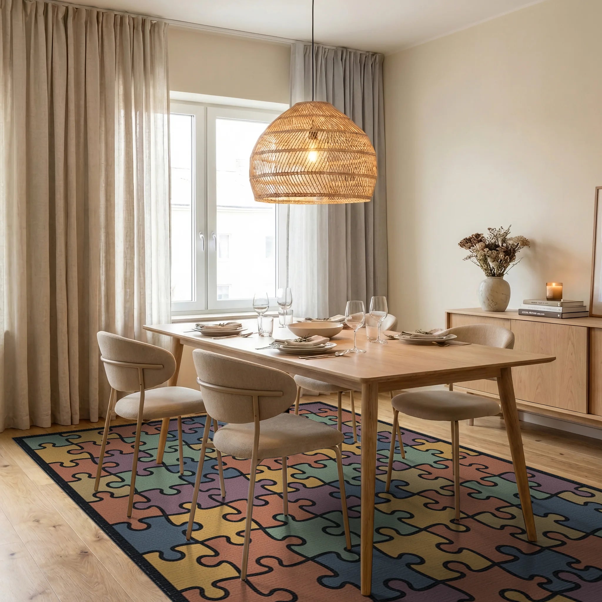 Colorful Puzzle Pieces Square Rug Dining Room View
