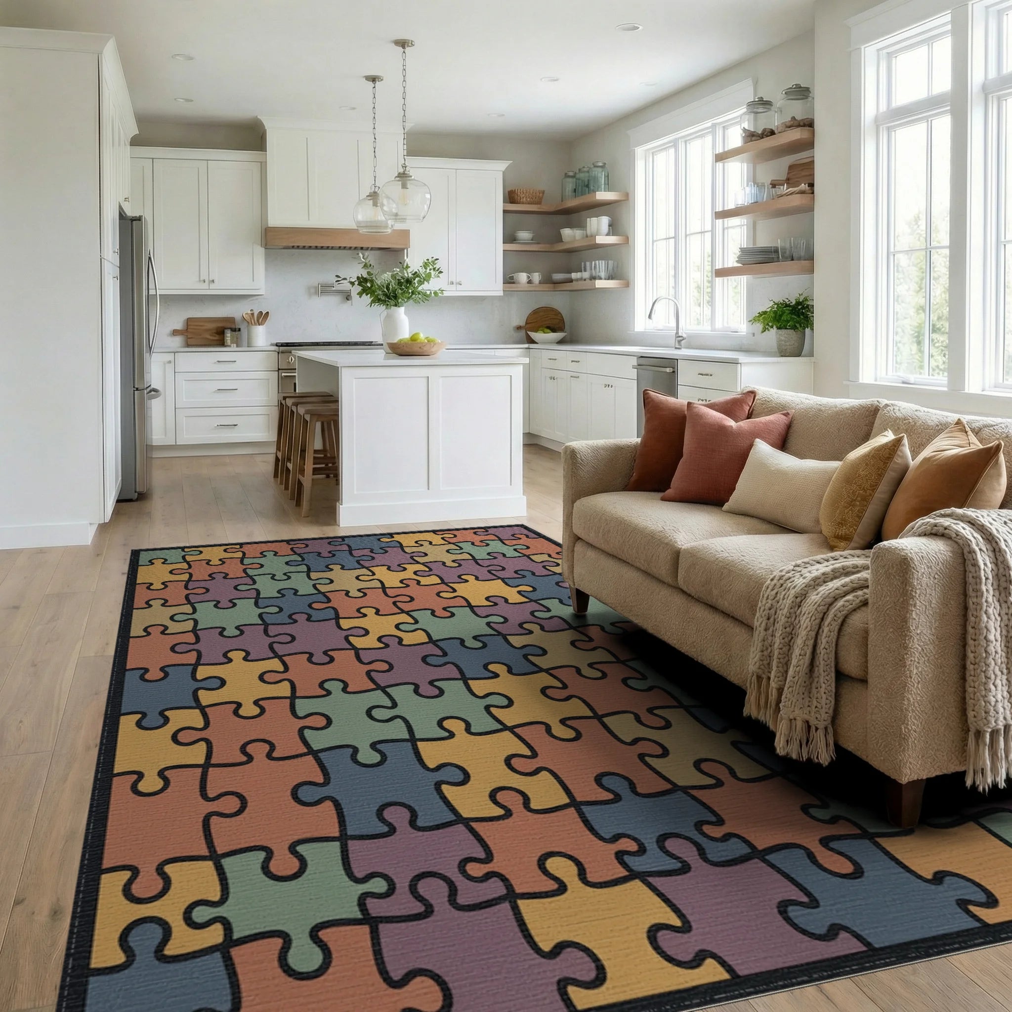 Colorful Puzzle Pieces Square Rug Living Room View